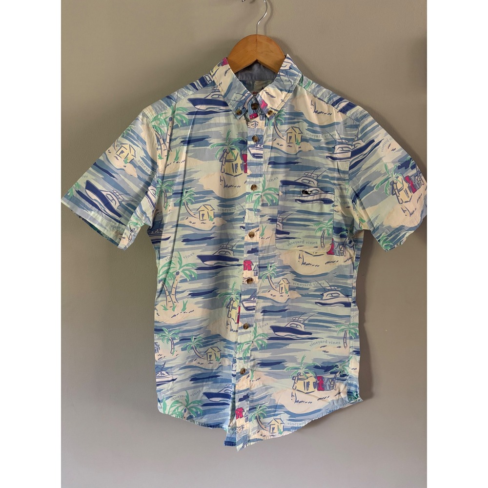Vineyard Vines Target Mens Small Blue Tropical Island Boat Print Button Down S